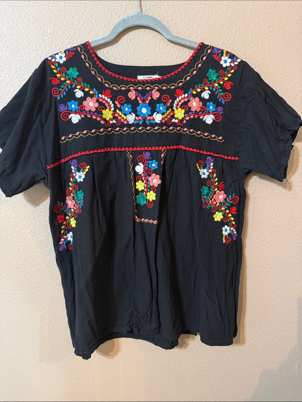 Black Embroidered Floral Peasant Tunic